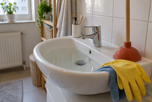 Saugglocke neben einem Waschbecken mit stehendem Wasser in einem privaten Badezimmer