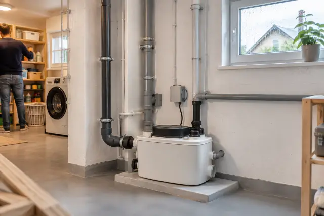 Fachgerecht installierte Abwasserhebeanlage in einem aufgeräumten Keller eines Wohnhauses