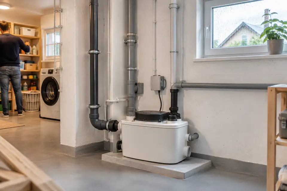 Fachgerecht installierte Abwasserhebeanlage in einem aufgeräumten Keller eines Wohnhauses
