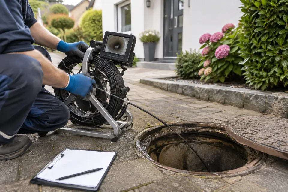 Inspektionskamera und Prüfunterlagen neben dem geöffneten Revisionszugang einer privaten Abwasserleitung
